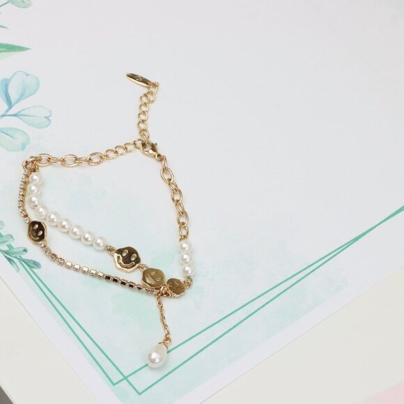 Rose Gold Smiley Face Pearl and Crystal Layered Bracelet, XPBL0671 - Picture 6 of 12